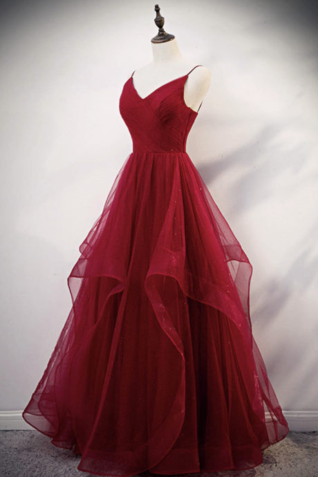 Straps Tulle Formal Prom Dress, Beautiful Long Prom Dress, Burgundy Party Dress