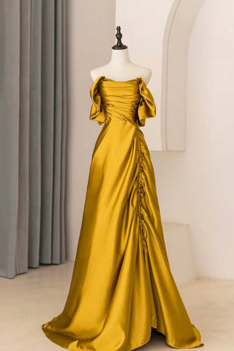 Unique Satin Long Prom Dress, Simple Strapless A-line Evening Dress
