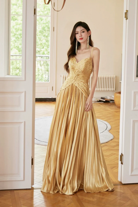 Unique Spaghetti Straps Satin Long Prom Dress, Gold V-neck Backless Evening Party Dress