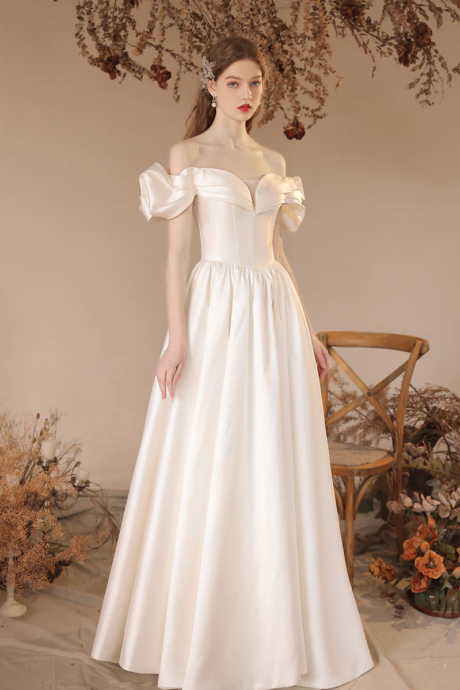 White Satin Floor Length Formal Dress, A-line Off Shoulder Evening Dress Prom Dress