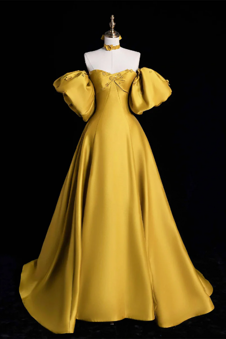 Yellow Satin Long Prom Dress, Off The Shoulder A-line Evening Party Dress