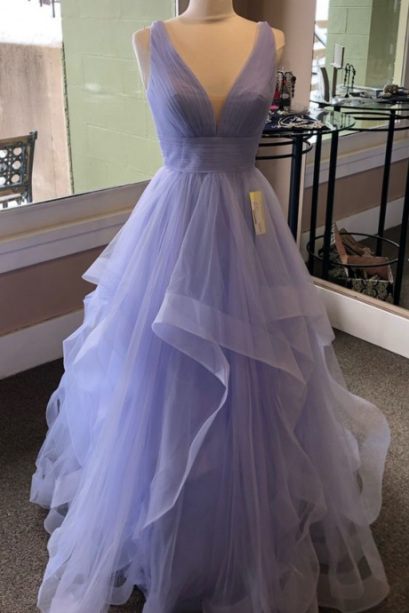 Purple Prom Dress, Purple Evening Dress, V-neck Lilac Prom Dress, Tulle Party Dress