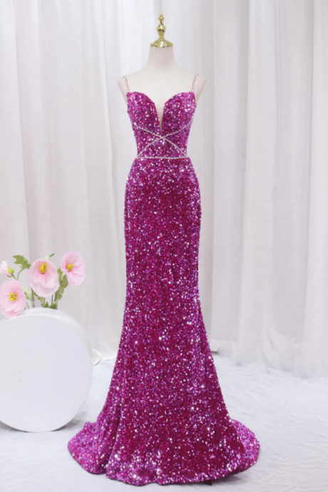 Sexy Mermaid Sequin Long Prom Dress, Luxury Pink Long Evening Dress