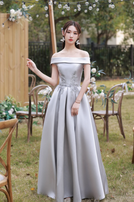 Gray Party Dress, Off Shoulder Prom Dress, Formal Satin Evening Dress With Applique Elegant Wedding Guest Dress