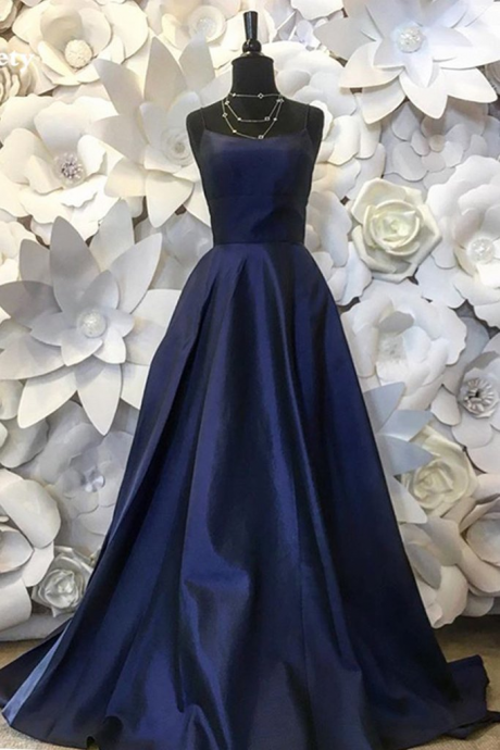 Navy Blue Party Dress, Spaghetti Strap Prom Dress, Sexy Satin Evening Dress
