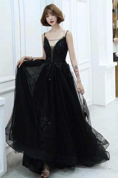 Spaghetti Strap Party Dress,black Prom Dress Sexy Evening Dress