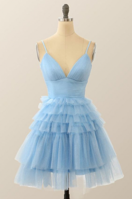 Spaghetti Strap Party Dress,blue Prom Dress Cute Homecoming Dress