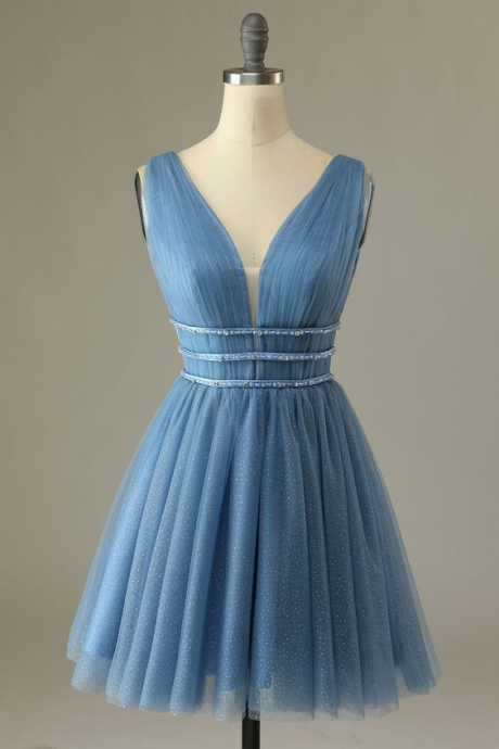 Spaghetti Strap Party Dress,blue Prom Dress Cute Homecoming Dress