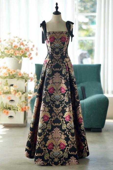 Spaghetti Strap Party Dress,jacquard Prom Dress,vintage Floral Dress