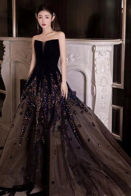 Strapless Party Dress,black Prom Dress Luxury Shiny Evening Dress