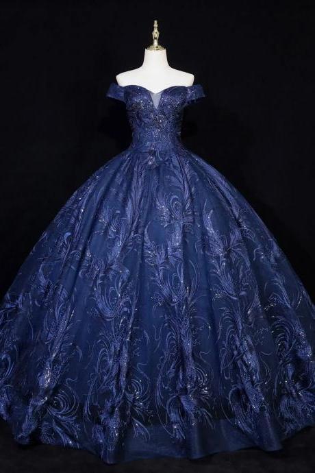 Asymmetrical Off-Shoulder Satin Gown Dark Navy