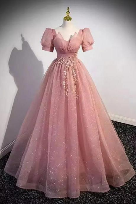 Hot Pink Sweetheart Ruffle Tiered Prom Gown with Puff Sleeves