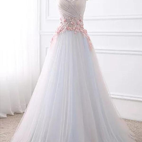 A-Line/Elegant Tulle Applique Sleeveless V-neck Floor-Length Two Piece Prom Dresses
