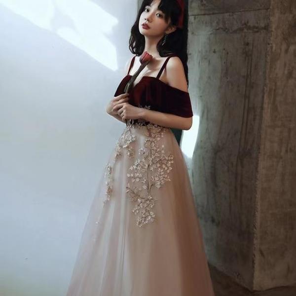 Charming Red Halter Lace Floor Length Party Dress, Red Prom Dress