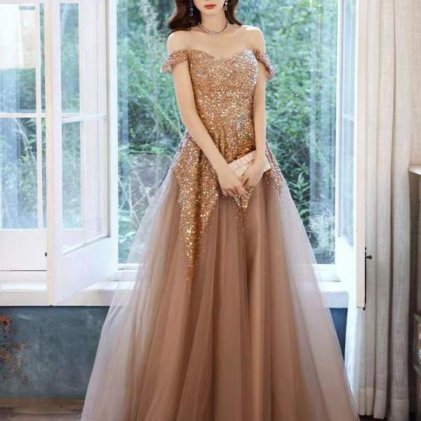 Golden temperament evening dress, new , sequins heavy beaded dress, luxury shiny party dress,custom made