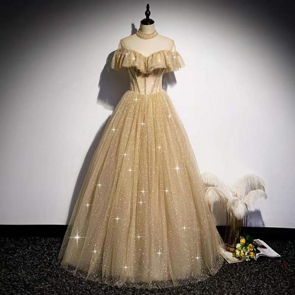 Golden evening dress, temperament princess dress, dream party dress, atmosphere prom dress,custom made