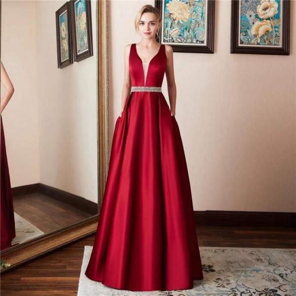 Sleeveless backless evening dress, V-neck party dress, red prom dress, custom made
