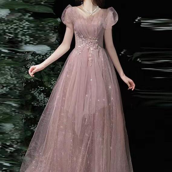 Pink evening dress, socialite birthday dress, long style prom dress, custom made