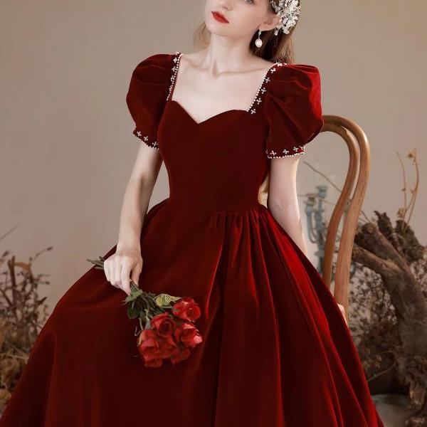 Velvet princess dress, red prom dress, bubble sleeve temperament evening dress, custom made