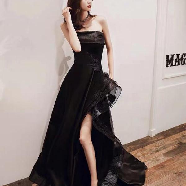 Sexy Black Strapless Black Slit Prom Dress Ruffles Party Dress With Floral cc1856