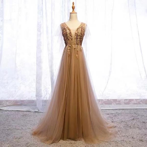 Fairy prom dress, champagbe birthday dress, v-neck party dress,custom made