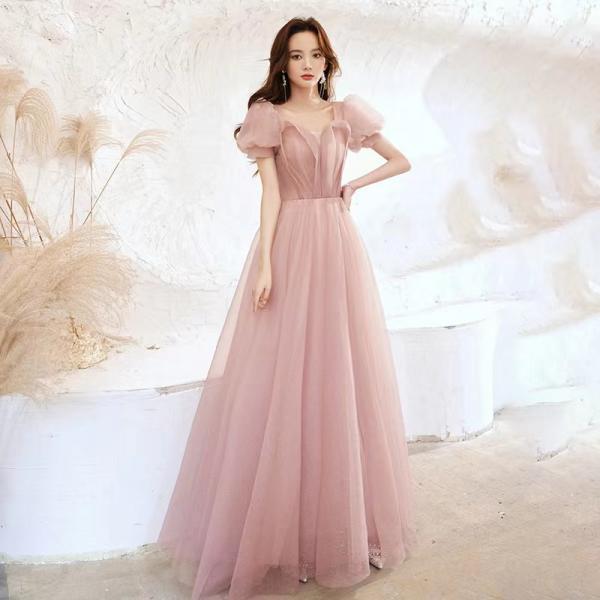Temperament pink dress, bubble sleeve princess dress, pink sweet dress,custom made