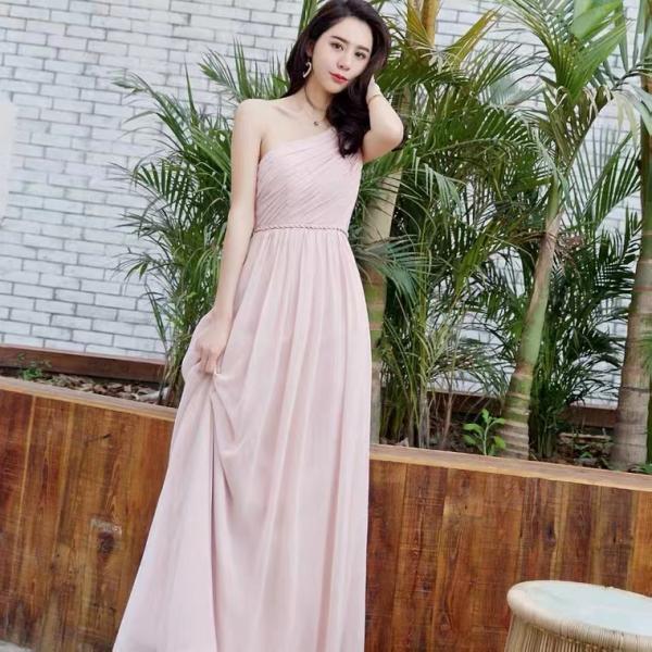 One-shouldered bridesmaid dress, classy bridesmaid dress pink sister dress evening dress,custom made