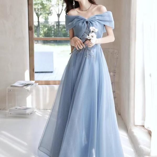 Off shoulder party dress,blue evening dress ,custom made