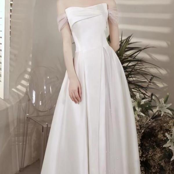 Satin white evening dress, off shoulder simple temperament prom dress,custom made