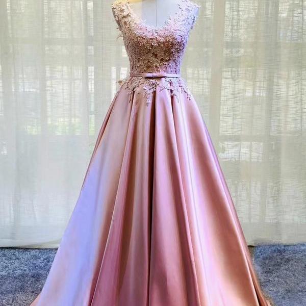 Pink evening dress, v-neck birthday dress, elegant party dress,custom made