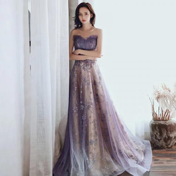 Purple evening dress, strapless prom dress, sequin shiny party dress,custom made