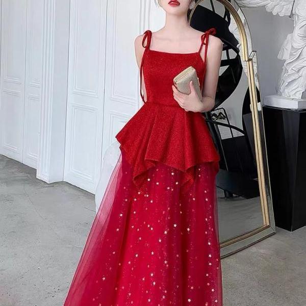 Red evening dress,, spaghetti strap party dress,custom made