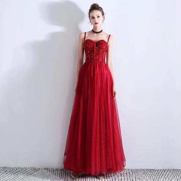 Red evening dress,,sexy beaded dress, spaghetti strap party dress,custom made