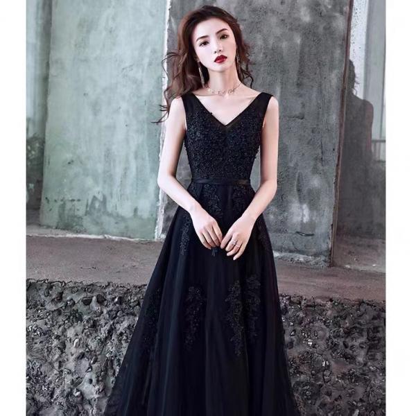 V-neck party dress,black prom dress,sexy evening dress,custom made