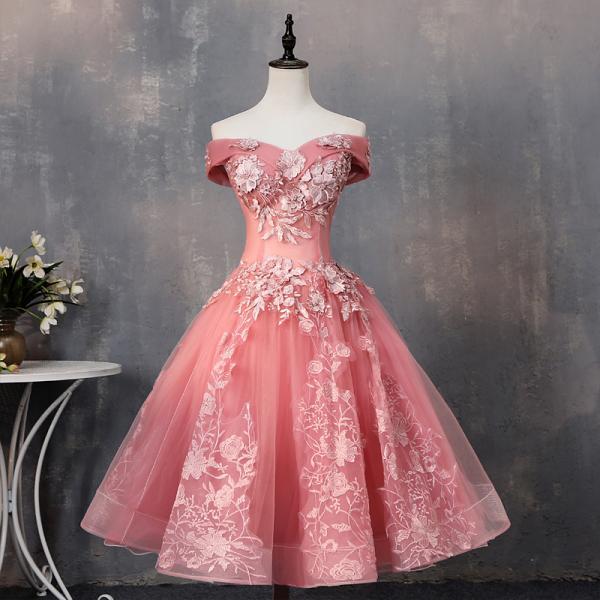 Pink Party Dress,Tea Length Sweetheart Homecoming Dress, Off Shoulder Prom Dress, Sweet 16 Dresses ,Custom Made