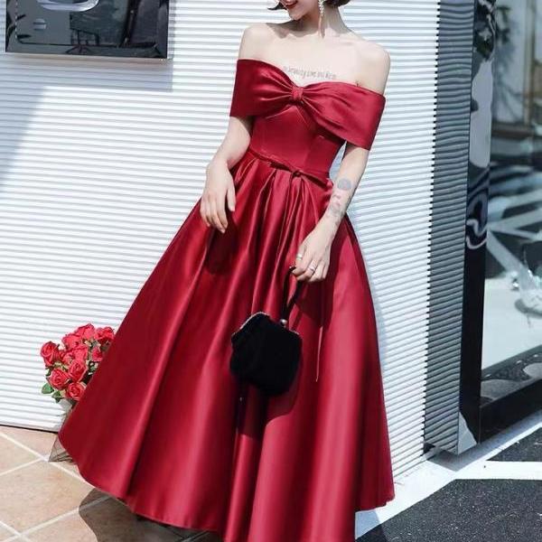 Off shoulder evening dress, light luxury high sense party dress, red cute satin prom dress,custom made