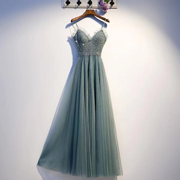 Satin Spaghetti Strap Party Dress - Green