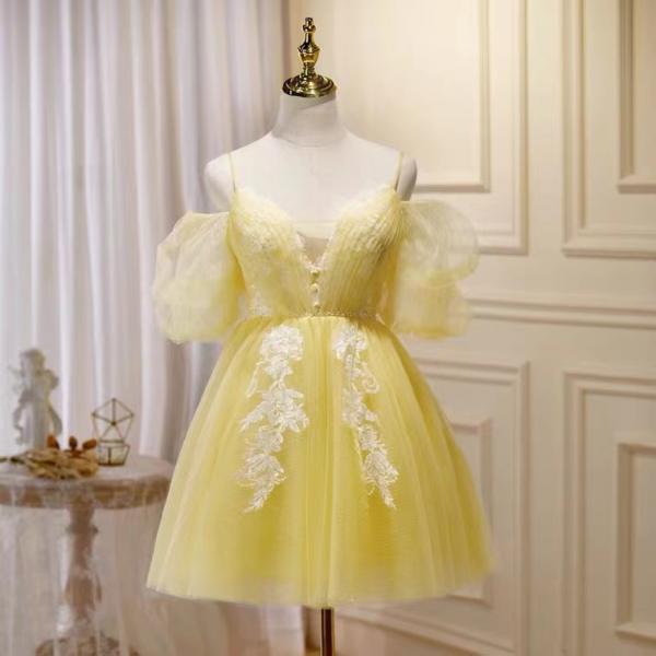 Yellow party dress,cute homecoming dress, spaghetti strap dream dress,fairy evening dress,Custom Made