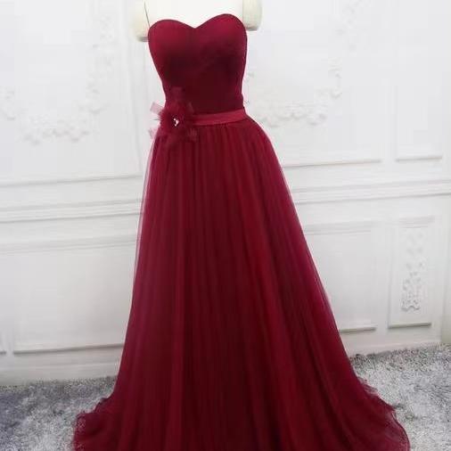 Strapless prom dress, Burgundy evening dress,simple bridesmaid dress,Custom Made