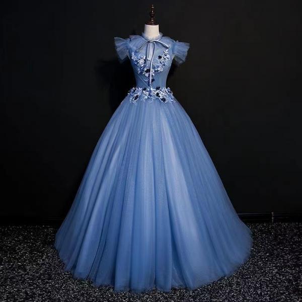 High neck blue prom dress, chic evening dress, ,sweet ball gown dress,student graduation dress,Custom Made