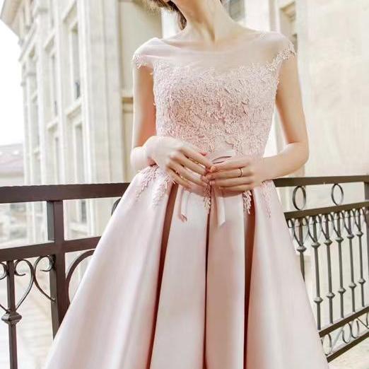 Sleeveless evening dress, pink homecoming lace dress, short bridesmaid dress,custom made