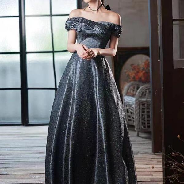  Satin elegant dress, off shoulder prom dress,simple black evening dress, custom made