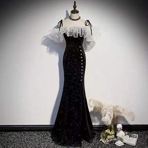 Spaghetti strap bodycon dress, black prom dress,glitter evening dress, custom made