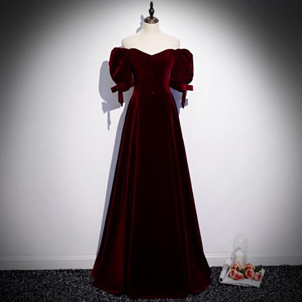 Off shoulder prom dress, high class evening dress,red velvet party dress,noble formal dress,custom made