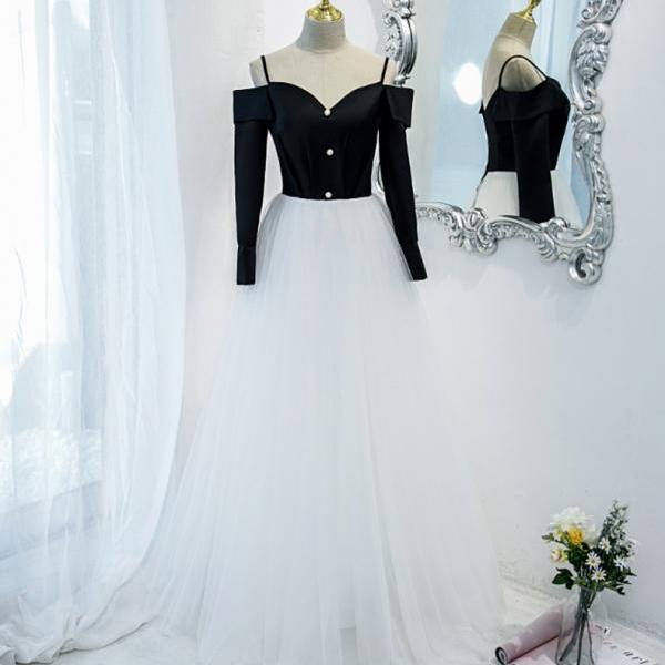 Off shoulder prom dress, stylish evening dress,black party dress,long sleeve prom dress,custom made