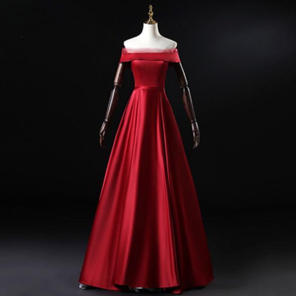Red party dress, satin prom dress, off shoulder evening dress,custom made