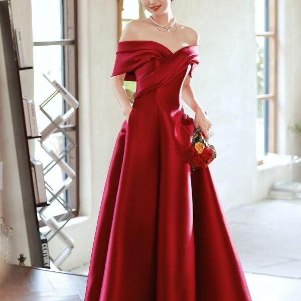 Satin evening dress,red prom dress,off shoulder party dress,charming graduation dress with pocket,custom made