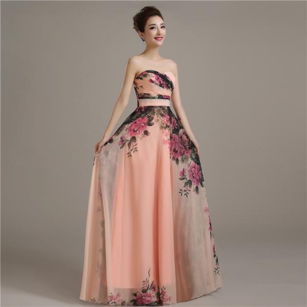 Strapless evening dress, long printed chiffon prom dress, floral dress,custom made