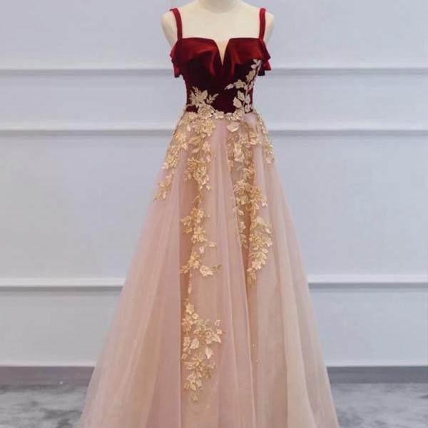 Spaghetti strap evening dress, chic prom dress,velvet and tulle party dress,custom made