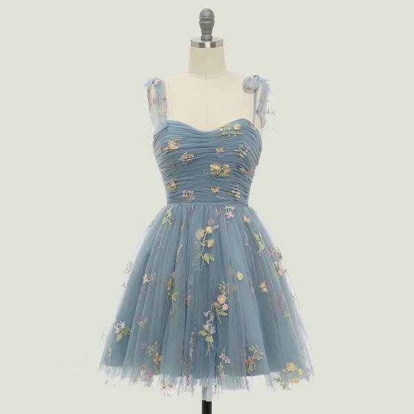 Spaghetti strap evening dress, chic prom dress,cute party dress,light blue graduation dress ,short homecoming dress,custom made